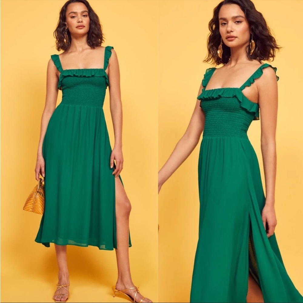 Reformation Green Ruffled Midi Dress